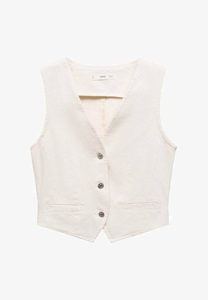 Vest bej fără mâneci, cu decolteu adânc în V, cinci nasturi argintii, două buzunare frontale și un material texturat. Designul are o croială ajustată.