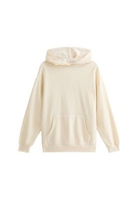 Beige huva sweatshirt gjord av mjukt tyg. Har en framficka och vida ärmar. Enkel design utan synliga mönster eller dekorationer.