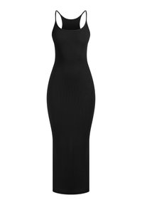 Vestido largo negro acanalado con diseño ajustado, tirantes delgados y textura suave, con un dobladillo recto.