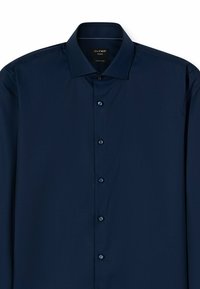 Dunkelblaues, langärmeliges Hemd aus strukturiertem Stoff mit super schmaler Passform, ausgestattet mit einem klassischen Kragen und sechs Knöpfen vorne.