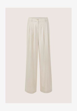 Beige wide-leg trousers with front pleats, belt loops, a button closure, and a zip fly, displayed against a plain background.