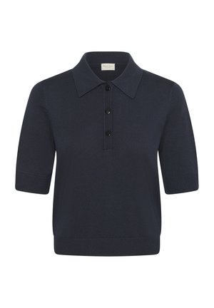 Tamsiai mėlynas trumpomis rankovėmis mezgamas polo marškinėliai su smailėjančiu apykakliu ir trimis juodomis sagomis priekyje.