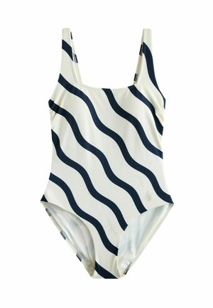 Costum de baie alb întreg cu bretele late și dungi diagonale ondulate bleumarin pe material.
