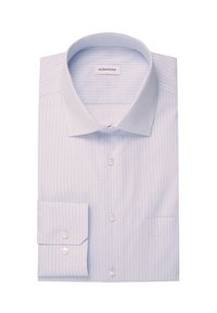 Camicia dress leggera blu a fantasia con colletto classico, chiusura a bottoni e polsino singolo. Presenta un sottile motivo circolare su tutta la superficie.