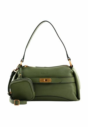 Sac à main en cuir vert avec fermoir doré, petite pochette amovible et bandoulière réglable, de la marque "Picard".