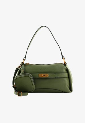Sac à main en cuir vert avec fermoir doré, petite pochette amovible et bandoulière réglable, de la marque "Picard".