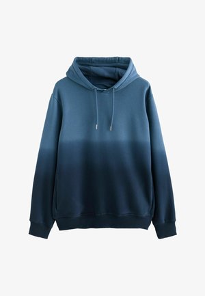 Huppari, jossa on sinisen sävyjen gradientti, valmistettu pehmeästä kankaasta, jossa on sileä pinta. Varustettu nyöreillä säädettävällä hupulla ja ribbailluilla hihansuilla.