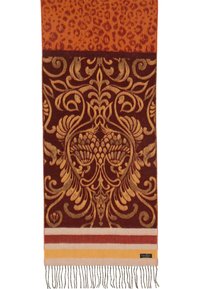 Sciarpa a motivi marrone e arancione con stampa leopardata, design floreale elaborato e bordi frangiati con accenti a righe.