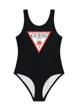 Maillot de bain une pièce noir avec un logo triangulaire blanc bordé de rouge comportant le texte "GUESS BEACH" et un palmier rouge au centre.