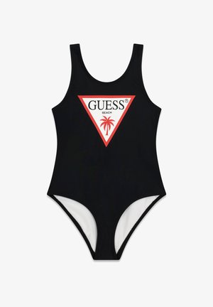Czarny jednoczęściowy strój kąpielowy z białym trójkątnym logo obramowanym na czerwono z napisem "GUESS BEACH" i czerwoną palmą na środku.