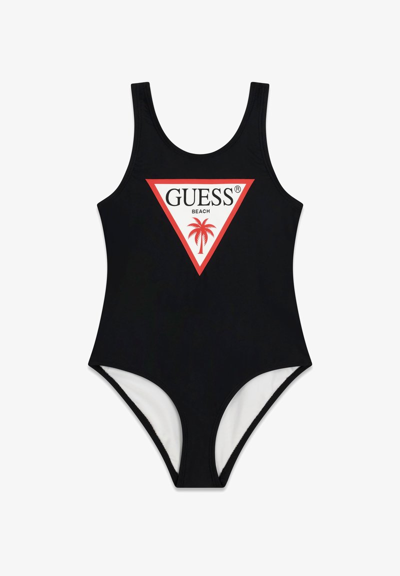 Μαύρο ολόσωμο μαγιό με ένα λευκό τρίγωνο λογότυπο με κόκκινο περίγραμμα που περιλαμβάνει το κείμενο "GUESS BEACH" και ένα κόκκινο φοίνικα στο κέντρο.