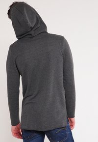 Felpa grigia con cappuccio, maniche lunghe, texture morbida e orlo arrotondato. Dotata di un ampio cappuccio e di un design minimalista.
