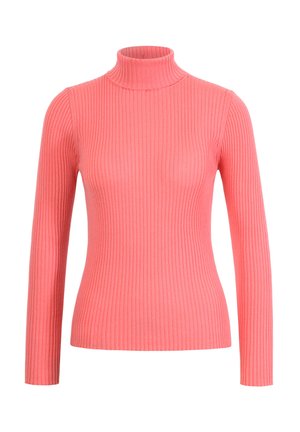 Ribbelde koraal turtleneck trui met lange mouwen, aansluitend ontwerp, zachte textuur en hoge hals. Geen zichtbare hardware of patronen.