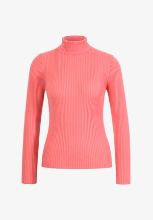 Ribbed coral turtleneck sweater with long sleeves, fitted design, soft texture, and high neck. No visible hardware or patterns.