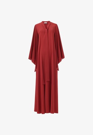 Red, long, flowing dress with wide sleeves and a tie neck. Made of lightweight fabric, it features a smooth, draped design.