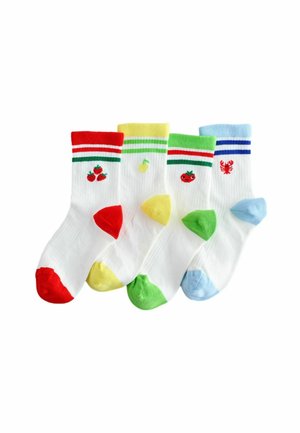 Vier Paar Baumwollsocken in Weiß mit bunten Bündchen und Zehenakzenten: Rot, Gelb, Grün und Blau, mit verspielten Obst- und Hummerdesigns.