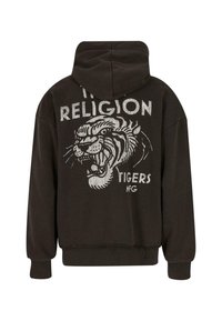 Fekete kapucnis pulóver húzózsinórral, fehér oroszlán grafikával és "RELIGION TIGERS MFG" felirattal a hátán. Puha, laza anyag.