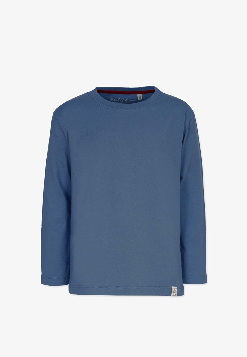 Langarmiges blaues Baumwoll-T-Shirt mit rundem Halsausschnitt, ausgestattet mit einem roten Innenkragen und einem kleinen Logosticker am linken Saum.