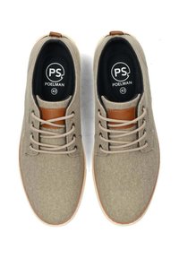 Hellgraue Leinenschuhe mit beigen Akzenten, runde Zehenpartie, Schnürdesign und Gummisohle. Größe 42, innen markiert.