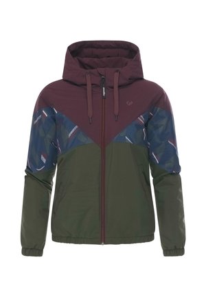 Veste légère avec une capuche et des épaules bordeaux, un corps vert et des accents bleus à motifs. Fermeture éclair à l'avant avec capuche à cordon.