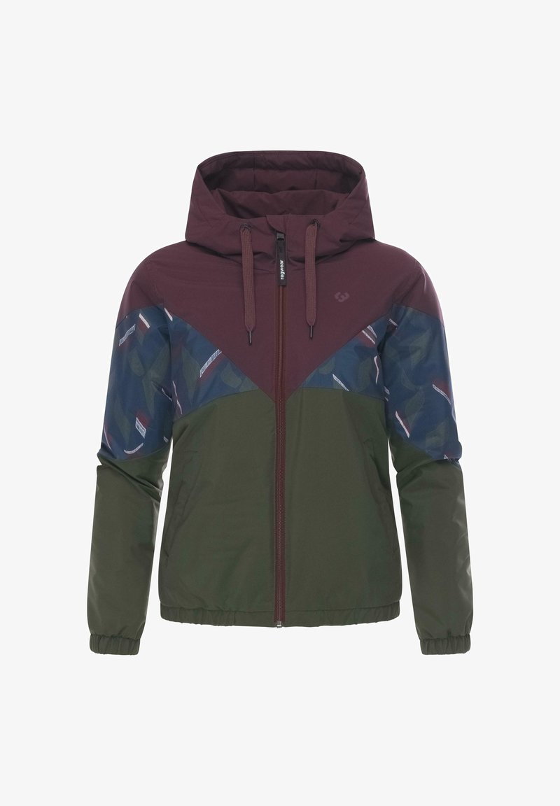 Lett jakke med maroon hette og skuldre, grønn kropp og blå mønstrede detaljer. Glidelås foran med justerbar hette.