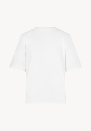 Prosty biały t-shirt z krótkim rękawem, widoczny od tyłu, z okrągłym dekoltem i prostym dołem.