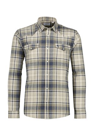Long-sleeve button-up shirt with beige, navy, and olive green plaid pattern and two front buttoned chest pockets.