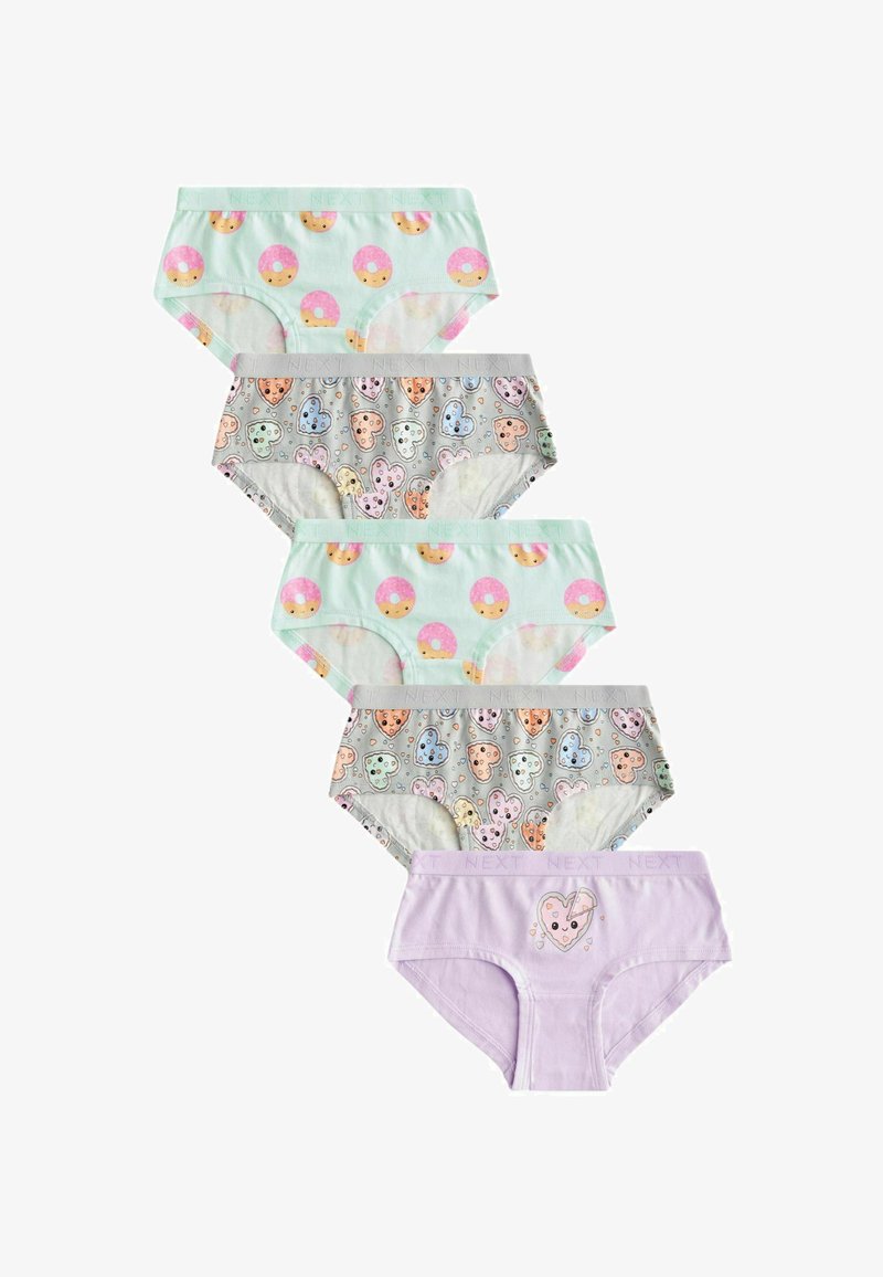 Set od pet dječjih kratkih gaćica s pastelnim bojama i razigranim uzorcima, uključujući dizajne s krafnama i srcima, s elastičnim pojasom.