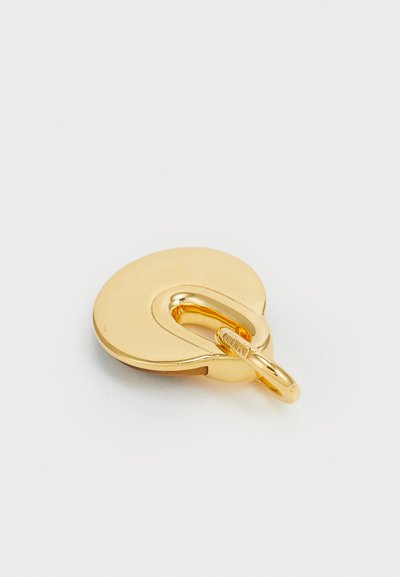 Chiusura in metallo color oro con un design arrotondato e una superficie liscia e lucida. Presenta un semplice anello per il fissaggio.