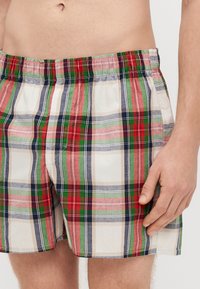 Shorts de bain à carreaux avec une ceinture élastique, présentant des rayures rouges, vertes et bleues sur un fond blanc. Matière en coton avec une texture lisse.