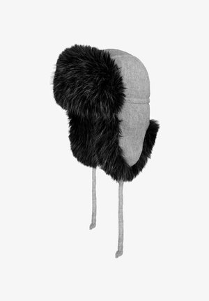 Gray winter trapper hat with black faux fur trim on ear flaps and long ties hanging down.