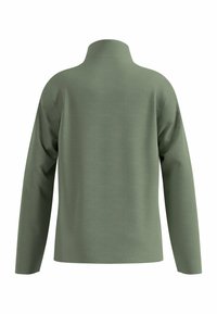 Grüner Pullover mit langen Ärmeln und hohem Kragen, aus strukturiertem Stoff in lässiger Passform. Keine sichtbaren Beschläge oder Muster.