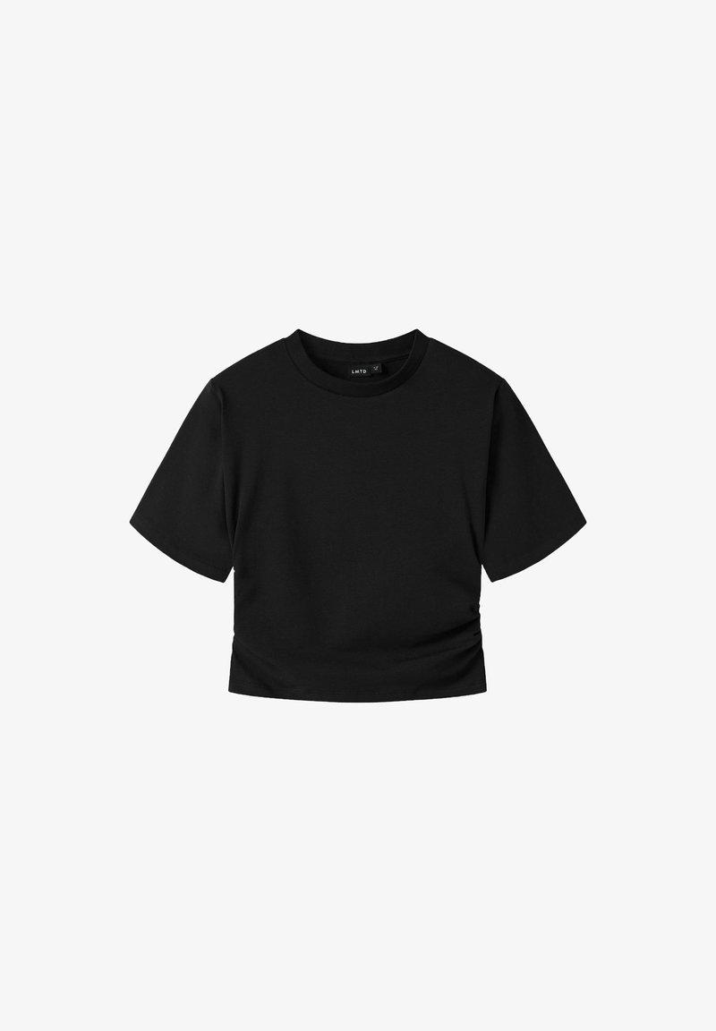 Schwarzes, kurzes T-Shirt aus weichem Stoff, mit rundem Halsausschnitt, kurzen Ärmeln und einer einfachen, glatten Textur ohne Verzierungen.