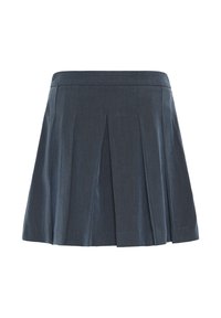 Gonna plissettata grigio scuro con cintura larga, lunghezza al ginocchio, realizzata in tessuto liscio, esposta su uno sfondo bianco.