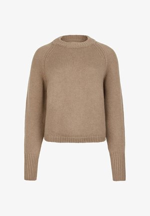 Stickad tröja i ljusbrunt, med rund halsringning, ribbade muddar och nederkant, samt en avslappnad, kort silhuett. Mjuk textur genom hela plagget.