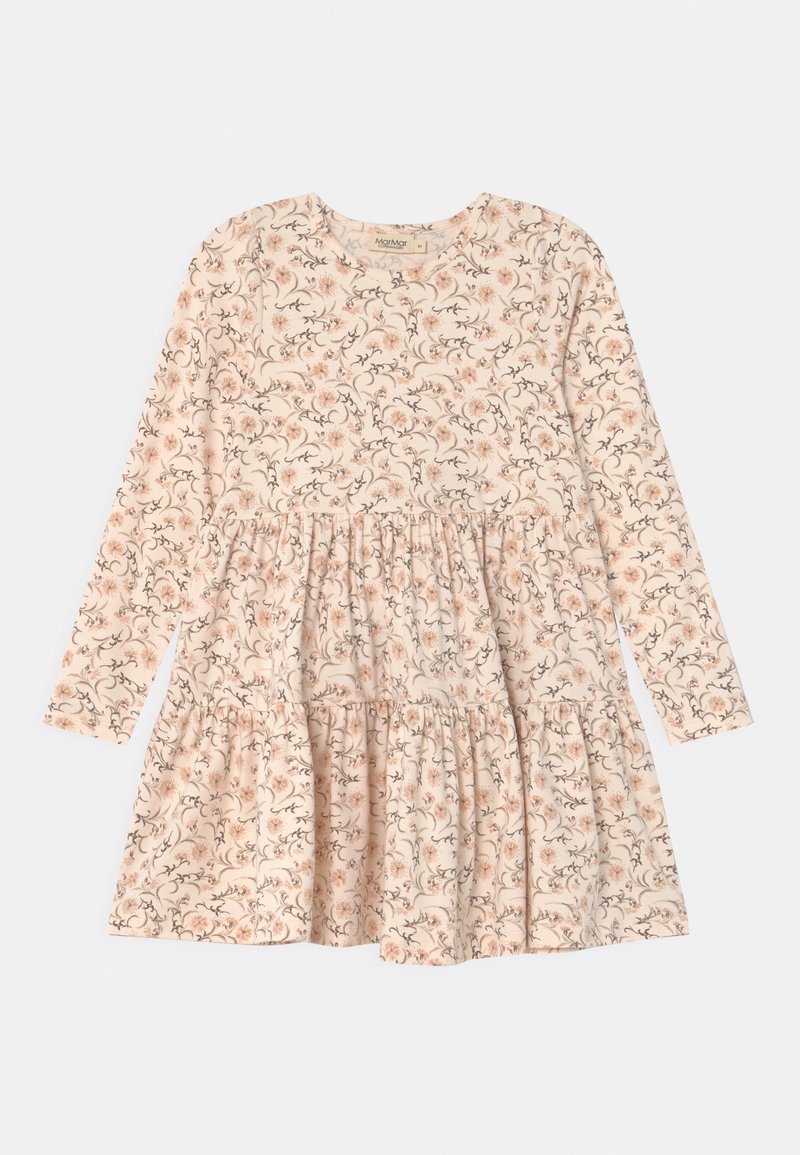 Robe crème à manches longues avec des volants froncés et un délicat motif floral en liane rose clair et marron.
