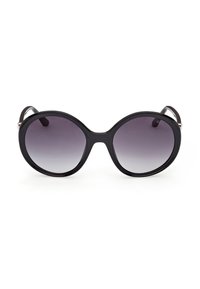 Lunettes de soleil noires surdimensionnées à monture arrondie avec des verres dégradés foncés et des branches fines, vues de face sur un fond blanc.