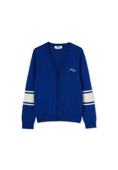 Cardigan blu con scollo a V, chiusura a bottoni e strisce bianche sulle maniche. Presenta un logo ricamato sul petto. Materiale in maglia morbida.