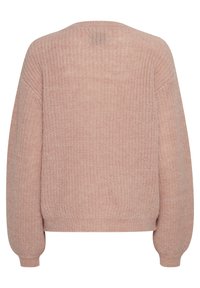 Maglione lavorato a maglia di un rosa chiaro con una vestibilità comoda, spalle scese e orlo a coste. Texture morbida e design minimalista.