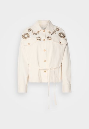 Helle, cremefarbene, taillierte Jacke aus gewebtem Stoff, mit goldfarbenem Blumenstickerei auf den Schultern, Knopfverschluss und einem Bindegürtel.