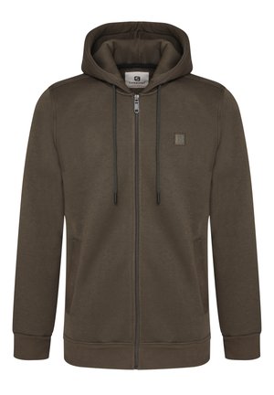 Dark green zip-up hoodie made of soft fabric. Features a front zipper, two side pockets, and a small logo patch on the chest.