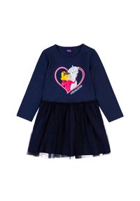 Abito blu navy con maniche lunghe, caratterizzato da una stampa di una ragazza e un cavallo all'interno di un cuore rosa, gonna in tulle a strati, materiale in cotone morbido.