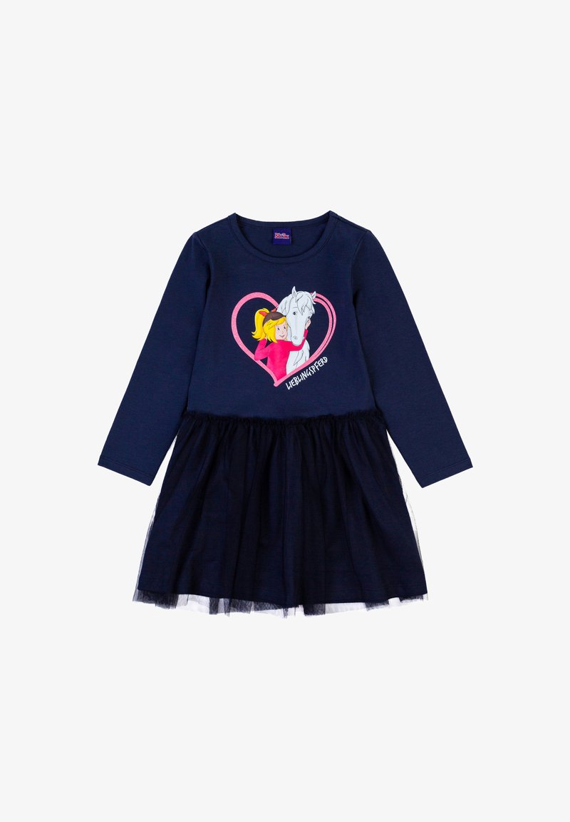 Abito blu navy con maniche lunghe, caratterizzato da una stampa di una ragazza e un cavallo all'interno di un cuore rosa, gonna in tulle a strati, materiale in cotone morbido.
