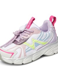 Białe syntetyczne sneakersy z różowymi, fioletowymi i zielonymi akcentami. Posiadają teksturowaną podeszwę oraz pętelkę na pięcie ułatwiającą zakładanie.