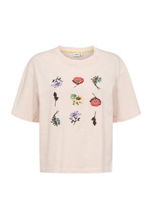 Jasnobeżowa koszulka z krótkim rękawem z haftowanymi kwiatowymi wzorami ułożonymi na froncie w siatkę 3 na 3.