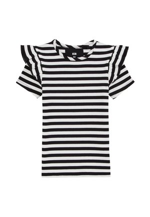 Chemise à manches courtes rayée horizontalement noir et blanc avec des détails à volants aux épaules et un col rond.