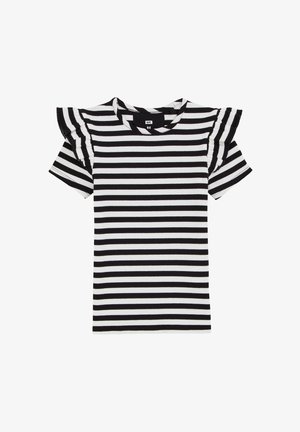 Camiseta de manga corta con rayas horizontales en blanco y negro, detalles de volantes en los hombros y escote redondo.