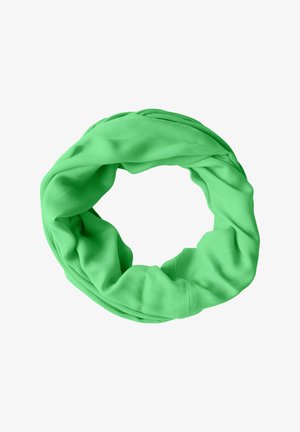Grøn loop-scarf lavet af blødt, strækbart stof med en glat overflade. Designet har en kontinuerlig cirkulær form med samlet stof.