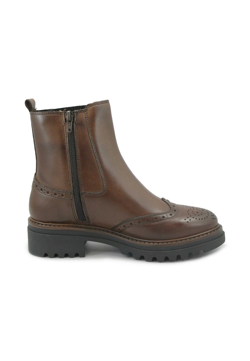 Stivale alla caviglia in pelle marrone con zip laterale, dettagli brogue, punta rotonda e suola in gomma spessa per una buona aderenza. Accenti di cuciture alla moda.