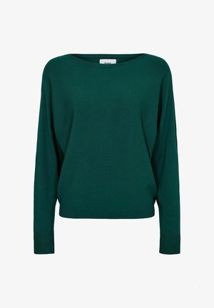 Vihreä neulepusero, jossa on leveä kaula-aukko ja pitkät hihat. Pehmeä tekstuuri, rento malli ja resorit hihojen päässä.